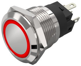 Podświetlany łącznik przyciskowy Chwilowy SPDT średnica wycięcia 19mm, montaż panelowy EAO