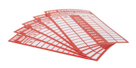 Znak BHP, tekst: "Fire Extinguisher Inspection Records, Poliester winylowy, kolor: Red, White Etykieta