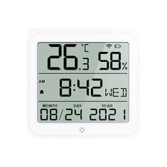 Monitr temperatury i wilgotności z podświetlanym wyświetlaczem LCD, funkcją zegara i budzika, obsługujący WiFi. Obsługuje stopni