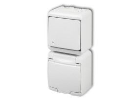 JUNIOR IP54 Wyłącznik schodowy z gniazdem pojedynczym z uziemieniem (klapka biała: bez przesłon) biały WGHP-3 KARLIK