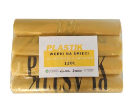 Worki na śmieci żółte 120l do segregacji odpadów nadruk Tworzywa Sztuczne op. 100szt.