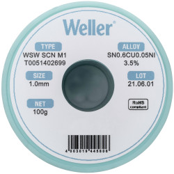 Weller T0051402699 Solder Lead-Free 100g 1mm Reel Sn0.6Cu0.05Ni