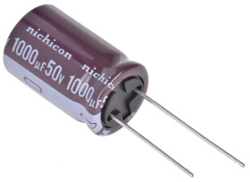 Kondensator 1000μF 50V dc Radialny, Otwór przelotowy Nichicon roztaw: 7.5mm 16 (Dia.) x 25mm
