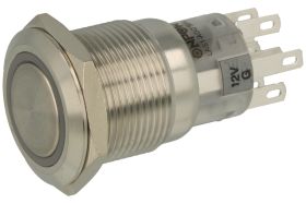 Przełącznik; przyciskowy; LAS1-AGQ-22E/G/12V/S; ON-(ON); 2 tory; podświetlenie LED 12V; zielony; ring; monostabilny; na panel; 5