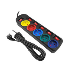 Przedłużacz 5Gn. 5m 230V/10A Kolor z 6 wyłącznikami, czarny