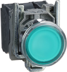 Pushbutton, illuminable, groping, 1 Form A (N/O) + 1 Form B (N/C), waistband round, green, mounting Ø 22 mm, XB4BW33B5