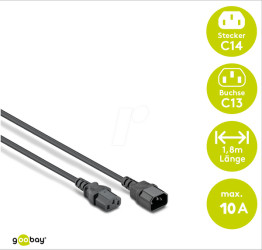 59570 Mains cable extension, C14, 1.8 m, black, C13