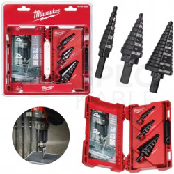 Wiertła wielostopniowe do metalu (4-12mm , 4-20mm, 6-35mm) Zestaw 3szt w kasecie MILWAUKEE