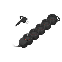 Przedłużacz 5-krotny 2P+Z (Schuko), 3m H05VV-F 3x1,0mm2, Imax=10A, płaska wtyczka, czarny,ORAE13149(GS)/B/3M