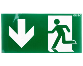 Piktogram PD26 150x300 strzałka w dół z lewej strony, człowiek w drzwiach (ISO7010)