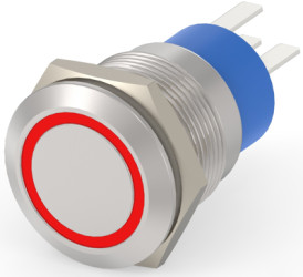 Vandal-proof pushbutton, 1 pole, silver, illuminated  (red), 5 A/250 VAC, mounting Ø 19.2 mm, IP67, 2213767-5