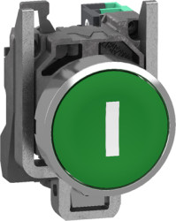 Pushbutton, labeled I, unlit, groping, 1 Form A (N/O), waistband round, green, front ring metal, mounting Ø 22 mm, XB4BA33115