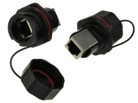 Gniazdo; RJ45 8p8c; RJ45F71; 8 torów; na panel; proste; srebrno-czarny; zatrzaskowe; wtykany; 0mm; złocone; IP67; poliwęglan; We