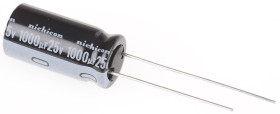 Kondensator 1000μF 25V dc Radialny, Otwór przelotowy Nichicon roztaw: 5mm 10 (Dia.) x 20mm