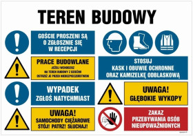 ZNAK - OI023 Teren budowy, Stosuj kask ochronny, Zakaz przebywania osób nieupoważnionych, Stosuj obuwie ochronne, 100 x 75 cm PN