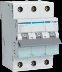 MBN310 Circuit breaker, 3-pole, 6 kA, B characteristic, 10 A, 3 modules