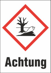 Hazardous goods sign, symbol: GHS09/text: &quot;Achtung&quot;, (W) 26 mm, plastic, 013.34-9-37X26-W1 / 36 ST