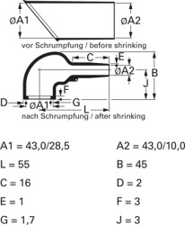 Heat shrinkable molded part, 3:1, angled, S1 (43/43 mm), S2 (28.5/10 mm), 411-57480