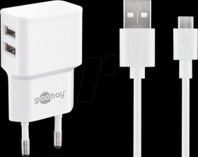 44985 USB charger, dual, 5 V, 2.4 A, microUSB, white