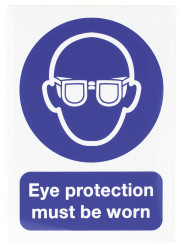 Znak nakazu, Winyl, Niebieski/biały, Eye Protection Must Be Worn-Tekst Angielski, szt. 1, Tak Etykieta