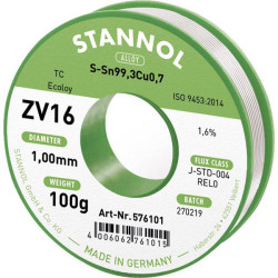 Stannol 576101 ZV16 Solder Lead-Free Sn99.3Cu0.7 Flux-Filled No-Clean Wire 100g