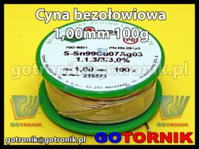 Cyna bezołowiowa z topnikiem 1,00mm/100g Sn99Cu0,7Ag0,3 Pb Free CYNEL 1mm