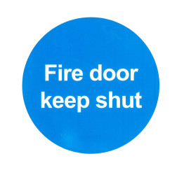 Znak BHP, tekst: "Fire door keep shut, Tworzywo sztuczne, kolor: Niebieski/biały Znak