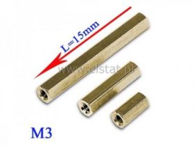 Tulejka dystansowa mosiężna, L= 15mm, gwint M3
