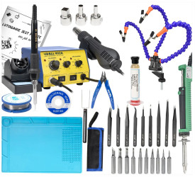 Zestaw do lutowania: Stacja lutownicza Yihua 902A + akcesoria (grot cyna topnik odsysacz pincety uchwyt cążki mata plecionka)