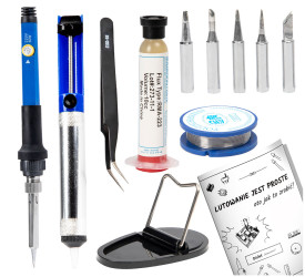 Zestaw lutownica 60W z regulacją, groty, cyna, topnik, odsysacz, pinceta