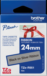 TZE-R951 Ribbon tape, black on silver, 24 mm
