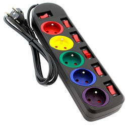 Przedłużacz 5gn 1,5m Kolorowy Czarny z 6 wyłącznikami