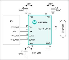 MAX6934 27-,28-, and 32-Output, 76V, Serial-Interfaced VFD Tube Drivers
