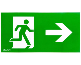 Piktogram PS25 125x250 człowiek w drzwiach strzałka prawo logo awex (ISO7010)