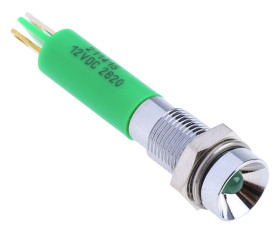 Lampka kontrolna do montażu panelowego 12V dc, zielona 6mm LED Chrom Końcówka lutownicza RS PRO