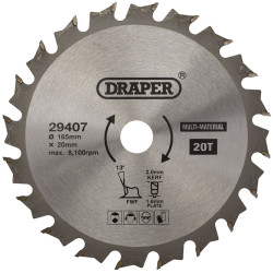 Draper 29407 TCT Multi-Purpose Circular Saw Blade, 165 x 20mm, 20T