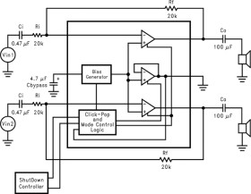 40-mW, stereo headphone amplifier with selectable capacitive coupled or OCL output