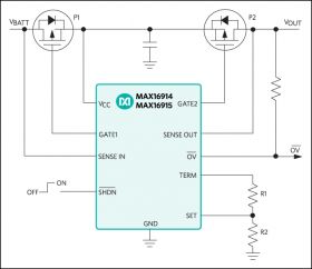 MAX16915 Ideal Diode, Reverse-Battery, and Overvoltage Protection Switch/Limiter Controllers with External MOSFETs