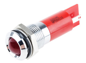 Lampka kontrolna do montażu panelowego 220V ac, czerwona 14mm LED Chrom Faston, oczko lutownicze RS PRO