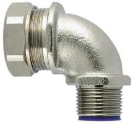 Łącznik do kanałów kablowych HellermannTyton gwint M32 32mm Kolanko 90° Mosiądz, PA 6 IP68 Srebrny