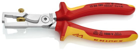 Szczypce do zdejmowania izolacji z nożycami do kabli z wielokomponentowymi nasadkami, izolowane wg VDE chromowane 180 mm KNIPEX