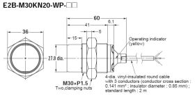 E2B-M30KN20-WP-B1 2M Czujnik indukcyjny, M30, PNP/NO, sr=20mm, przewód o dł. 2m, dł. obudowy 60mm, czoło odkryte, OMRON, E2BM30K
