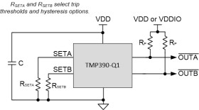 Automotive grade, ultra-small, dual-channel, 0.5-μA, resistor-programmable temperature switch