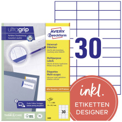 Avery-Zweckform 3489 Etykieta uniwersalna 70 x 29.7 mm Papier biały 3000 szt. Trwały Drukarka Laserowa, kolorowa, Drukar