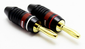 LAW34 wtyk bananowy montowany na przewód złoty czerwony