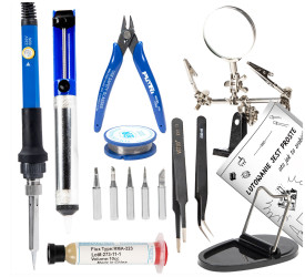 Zestaw lutownica 60W z regulacją, groty, cyna, topnik, odsysacz, uchwyt, cążki, pinceta