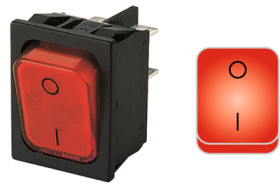 Rocker switch, red, 2 pole, On-Off, off switch, 20 (4) A/250 VAC, 10 (8) A/250 VAC, IP40, illuminated, printed, 1835.3112