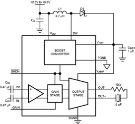 Mono, analog input, ceramic speaker driver with integrated 30-V Class-H boost