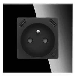 Gniazdko pojedyncze z bolcem, 2x USB-C 20W - watomierz - WiFi / BT - szklana ramka - czarny - Tawoia Glass