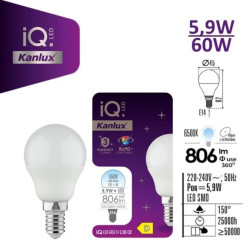 Żarówka LED E14 IQ-LED G45E14 5,9W-CW 806lm 6500K barwa zimna Ra90 3 lata Gwarancji kulka 36696